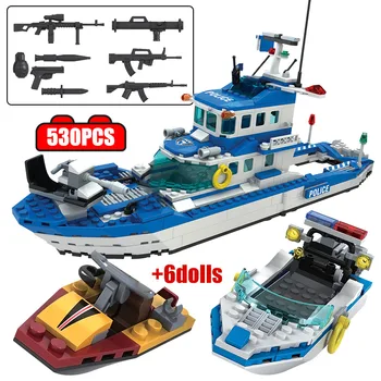 

SWAT Helicopter Boat Model Building Blocks City Police Station Technic Car Weapon Figures Bricks Gifts Toys for Boys