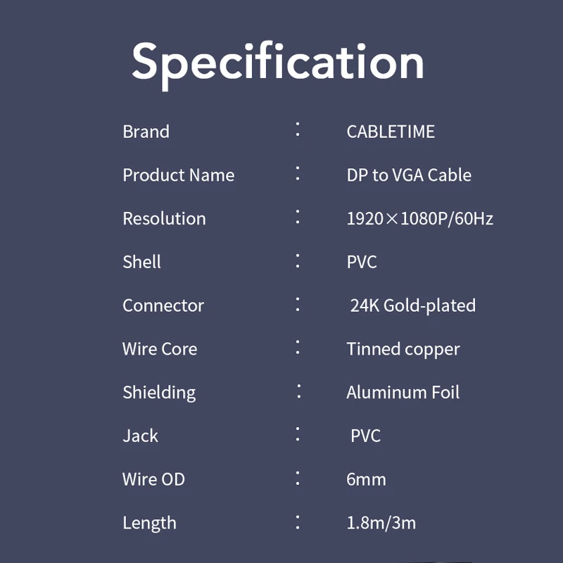 CABLETIME-Displayport-VGA ���̺� DP-VGA ����� ��ȯ�� ���̺� DP male-VGA male, HP Dell Asus lenovo PC ��Ʈ�� C075