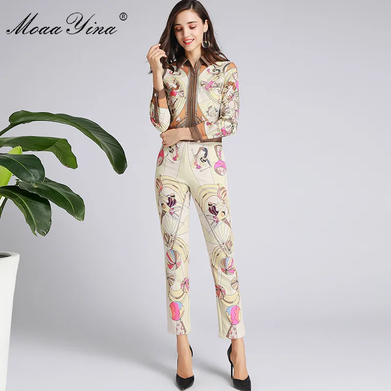 MoaaYina Fashion Designer Suit Spring Autumn Women Long sleeve Circus Print Zipper jacket Tops+Trousers Elegant Two-piece set