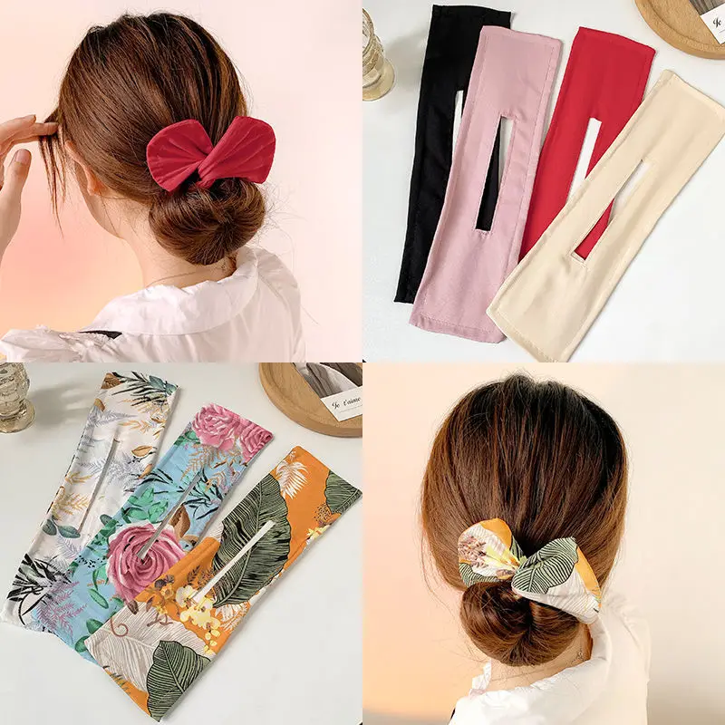 2PCS Deft Bun Maker Hair Band DIY Donut Women Girls Hair Accessories Print Solid Bow Knotted Styling Headband Hair Twist Braider