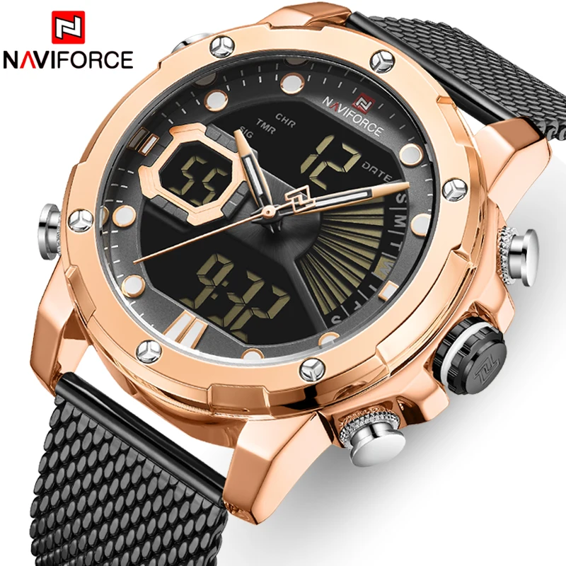 Лидирующий бренд NAVIFORCE Мужские Аналоговые Цифровые кварцевые часы с двойным дисплеем мужские спортивные водонепроницаемые наручные часы с хронографом из нержавеющей стали