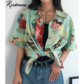 

Rockmore Vintage Angel Print Blouse Women Plus Size Turn-down Collar Shirts With Button Blouses Streetwear Ladies Streetwear Top