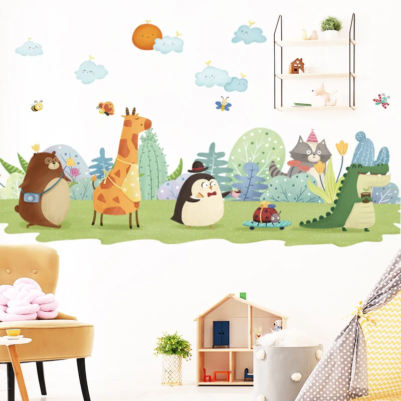 Cartoon Animal Wall Sticker Giraffe Penguin Kids Bedroom Cute Stickers Children Background Home Wallpaper Decoration | Дом и сад