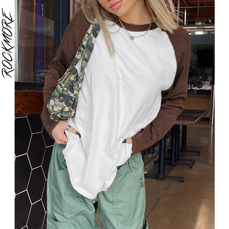 Rockmore Harajuku Oversized Top Women Long Sleeve Patchwork T Shirt Autumn Loose Tees Female Streetwear Grunge Clothes 2021 | Женская