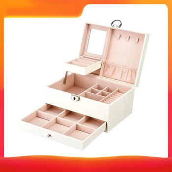 

Multi-functional Jewelry Box Multi-Layer Large Capacity Organizer PU Leather Jewelry Storage Case With Key and Internal Mirror