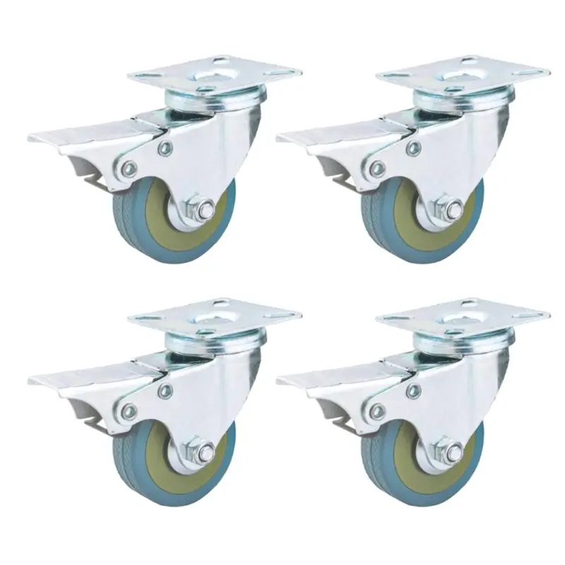 

4pcs Rubber Swivel Castor Wheel Heavy Duty Brake Drum with Plate Bearing 30KG