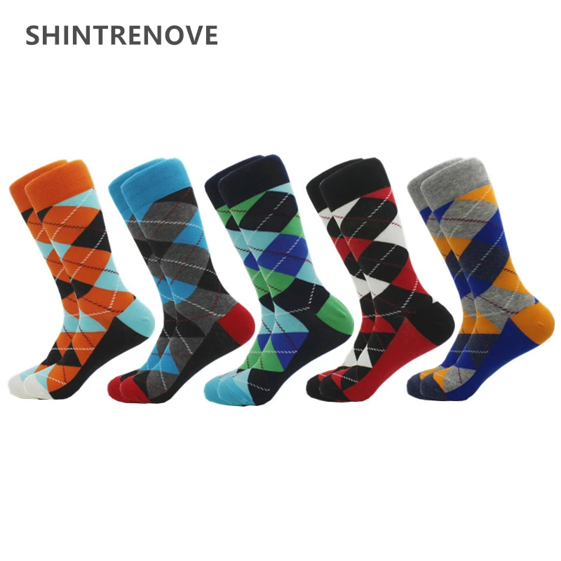 

5 Pairs/Lot Funny Men Socks Color Happy Casual Dress Fashion Socks Classic Diamond Combed Cotton Compression Socks For Men