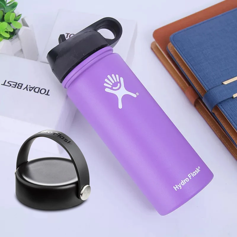 purple Бутылка для воды из нержавеющей стали, термос с 2 крышками, портативная прочная термос с широким горлом для тренажерного зала и улицы - Цвет: purple