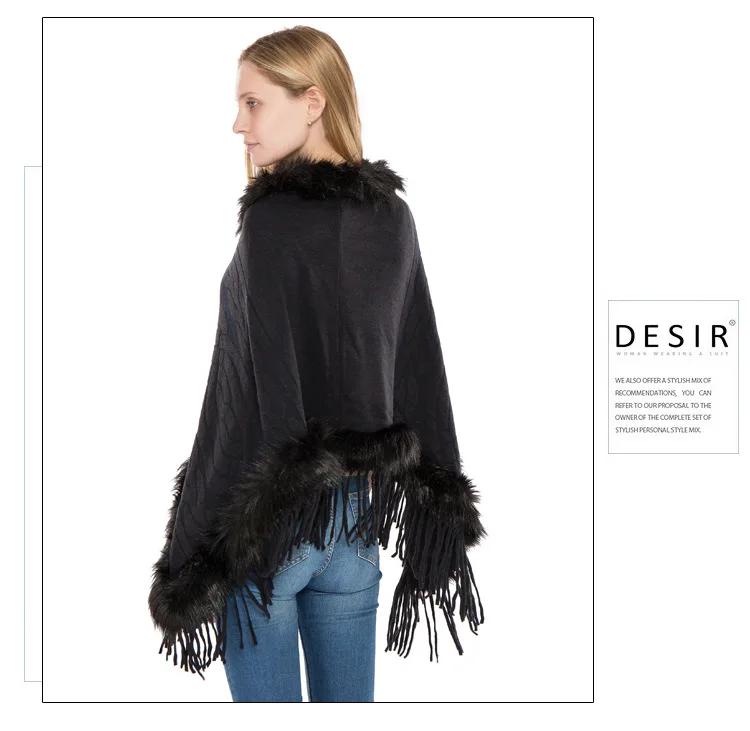 Fashion Women luxury Faux fur collar fur fringed ponchos and cape Top Quality Knitted Ponchos New warm Jacquard sweater shawls