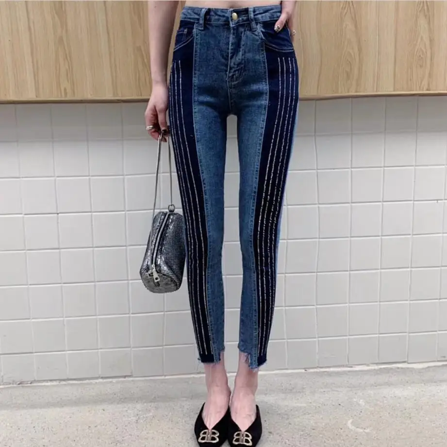 Heavy work hot drilling contrast color jeans womenspring and autumn new high waist tight skinny feet ankle length pencil jeans