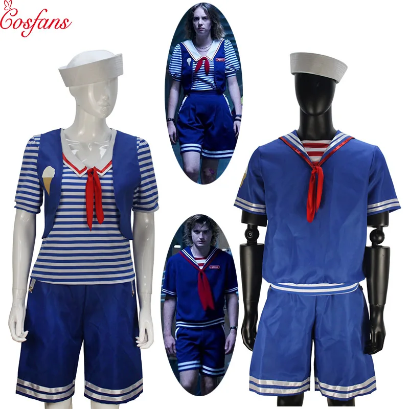 

Movie Stranger Things Season 3 Robin Scoops Ahoy Navy Dress Cosplay Costume Uniform Outfit Full Set Blouse Pants Suit and hat