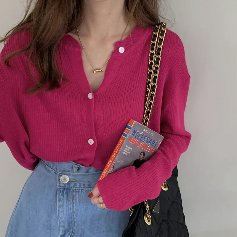 Rose Pink cardigan Pit Stripe Knitted Cardigan Korean Loose Thin Round Neck Short Coat Long Sleeve Top |