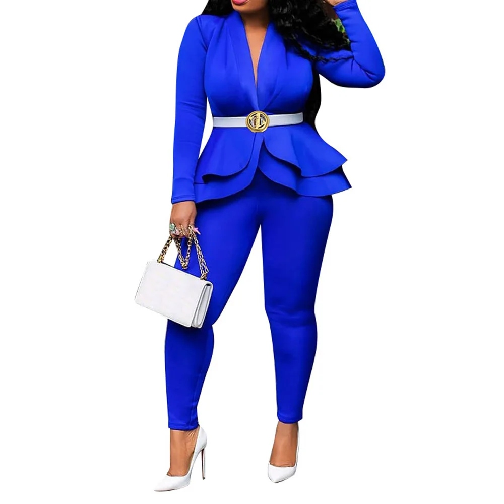 African Women Sets 2 Pieces Elegant Office Ladies Work Blue Ruffle Coat Tops Pants Business Female Clothing Sets Suits NO Belt
