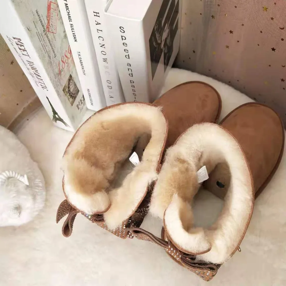 Fashion Real Sheepskin Women's Winter Classic Woman Snow Boots Mid Calf Genuine Sheepskin Women Boots Women Shoes