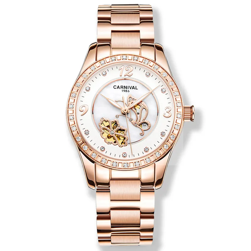 rose gold white Reloj Mujer, карнавальные автоматические часы для женщин, модные механические Женские наручные часы, розовое золото, роскошный бренд, часы с скелетом - Цвет: rose gold white
