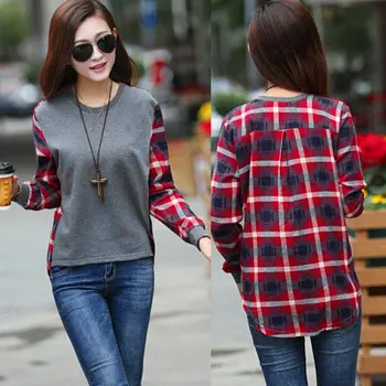 

Autumn Women O-Neck Thin Tops Loose Blouses Tops Casual Shirts Stitching Plaid Long Sleeved Pullover Sweatshirts Shirt 2020#2