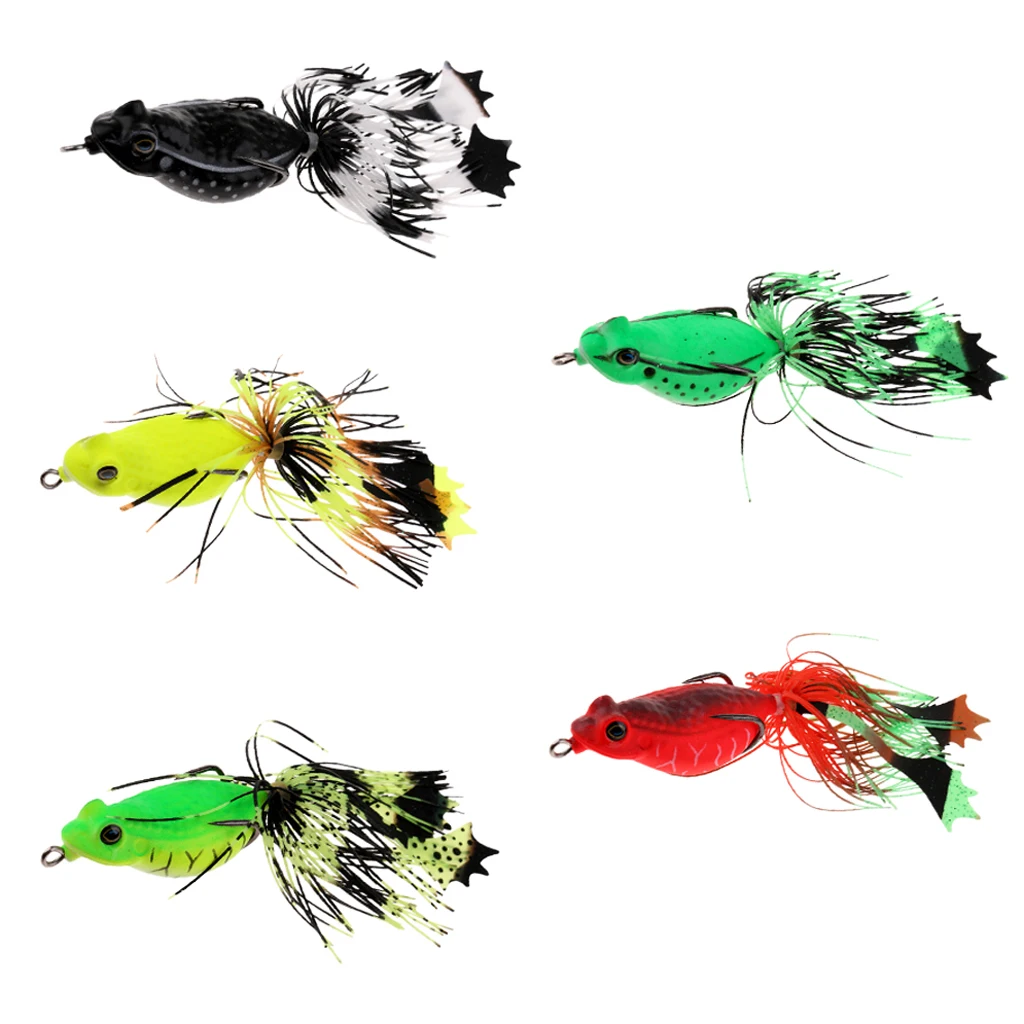 5Pcs Frog Fishing Lures Soft Baits Topwater Crankbait with Threads Skirts