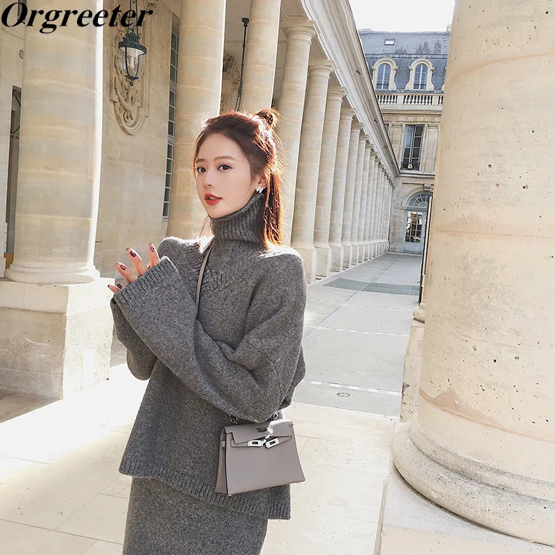 2020 Fall Winter New Fashion Women Solid V-neck Loose Sweater and Turtleneck Sleeveless Vest Dress 2 Piece Set | Женская одежда