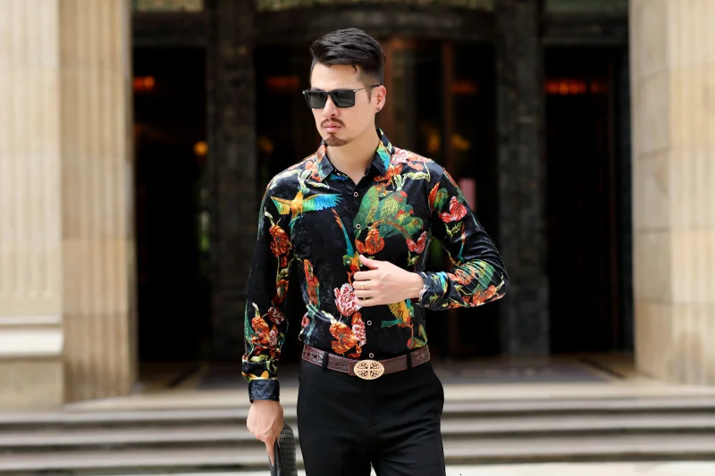 Бархатная рубашка с цветочным принтом для мужчин, Camicia Uomo, повседневные мужские рубашки с длинными рукавами, деловые рубашки, Chemise Homme Camisa