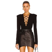 

2022 spring and summer new three-dimensionalshoulder pads cross deep V hollow strap long-sleeved T-shirt women's one-piece shirt