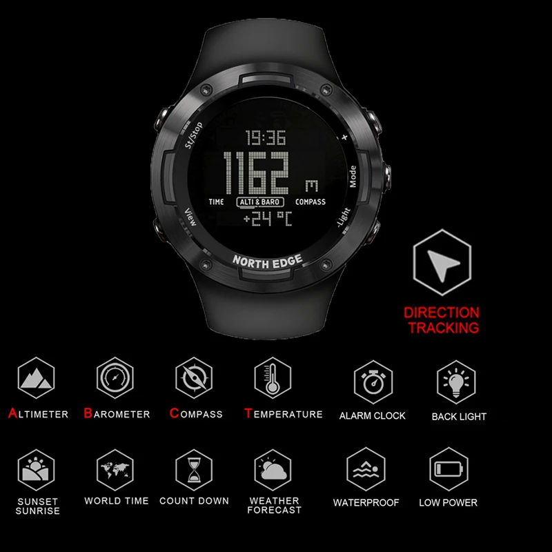 Цифровые водонепроницаемые спортивные часы NORTHEDGE, мужские часы с резиновым ремешком, часы с отслеживанием направления, цифровые часы с компасом