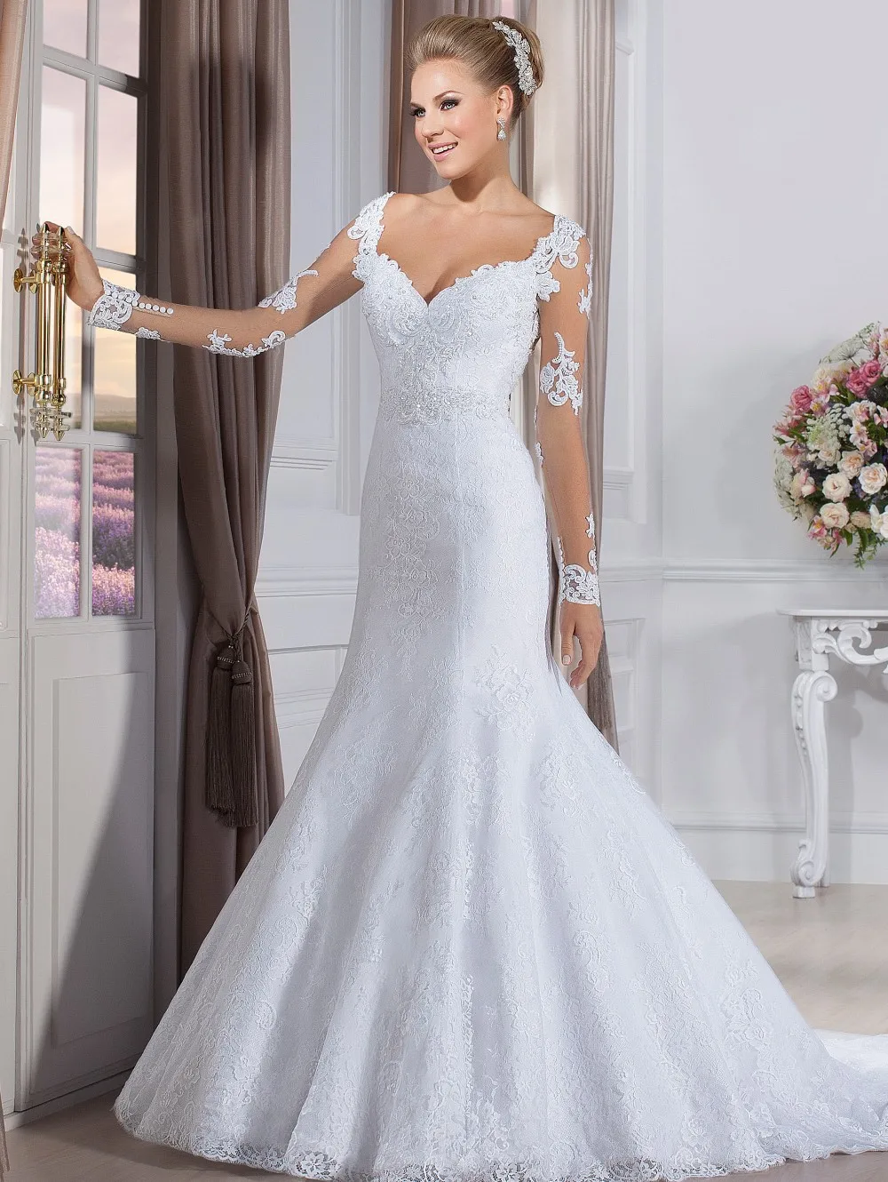 Кружева Русалка v-образным вырезом с длинным рукавом невесты vestido de noiva манга Лонго свадебное платье Мать невесты платья