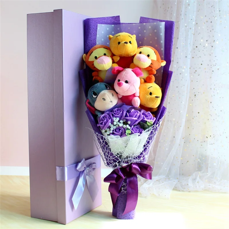 

Bear Tiger Piglet Eeyore Stuffed plush Toy with artificial soap flowers bouquets creative Valentine's Day graduation gifts