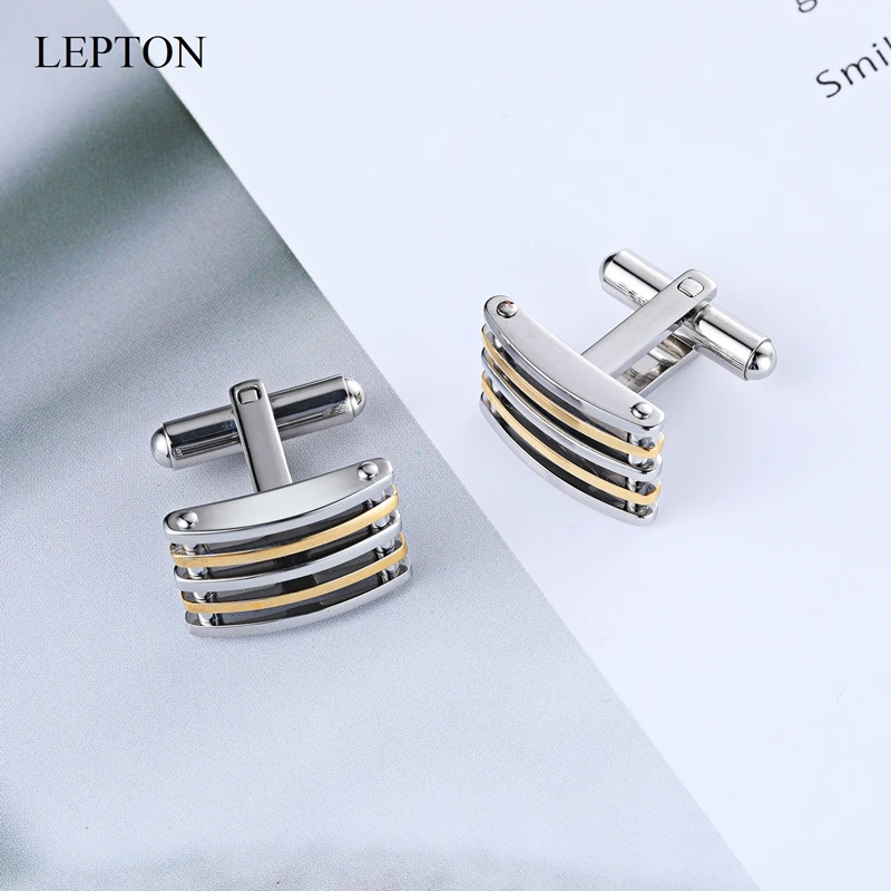 Lepton Silver & 18K Gold Color Cuff Links Stainless Steel Cufflinks for Men Wedding Business Father Day Birthday Gifts Cufflink