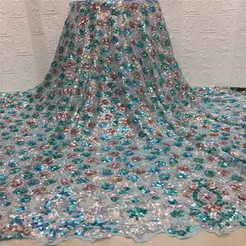 

High Quality African Lace Fabrics Nice French Net Embroidery 3D Sequins Tulle Lace Fabric For Nigerian Party Dress