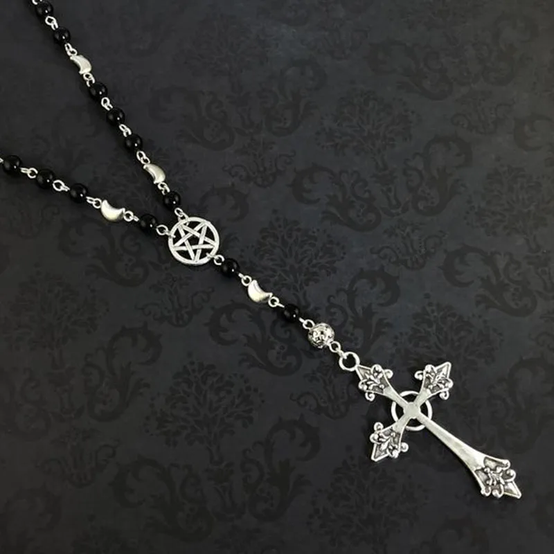 Gothic Rosary Necklace - Gothic Prayer Beads, Pentagram Necklace, Beaded Trad Goth Necklace, Gothic Cross Necklace