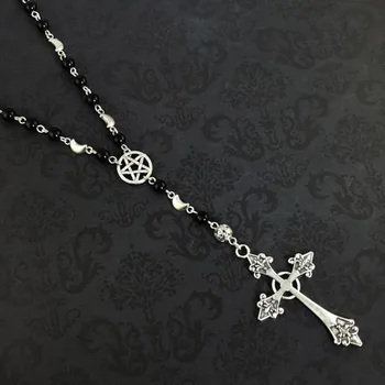 Gothic Rosary Necklace - Gothic Prayer Beads, Pentagram Necklace, Beaded Trad Goth Necklace, Gothic Cross Necklace