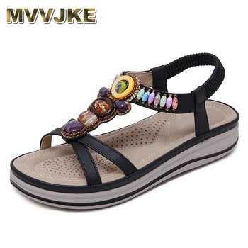 

MVVJKE Women Summer Flat Platform Gladiator Sandals Gemstone Beaded Crystal Peep Toe Boho Shoes Woman Big Size Boho Sandals