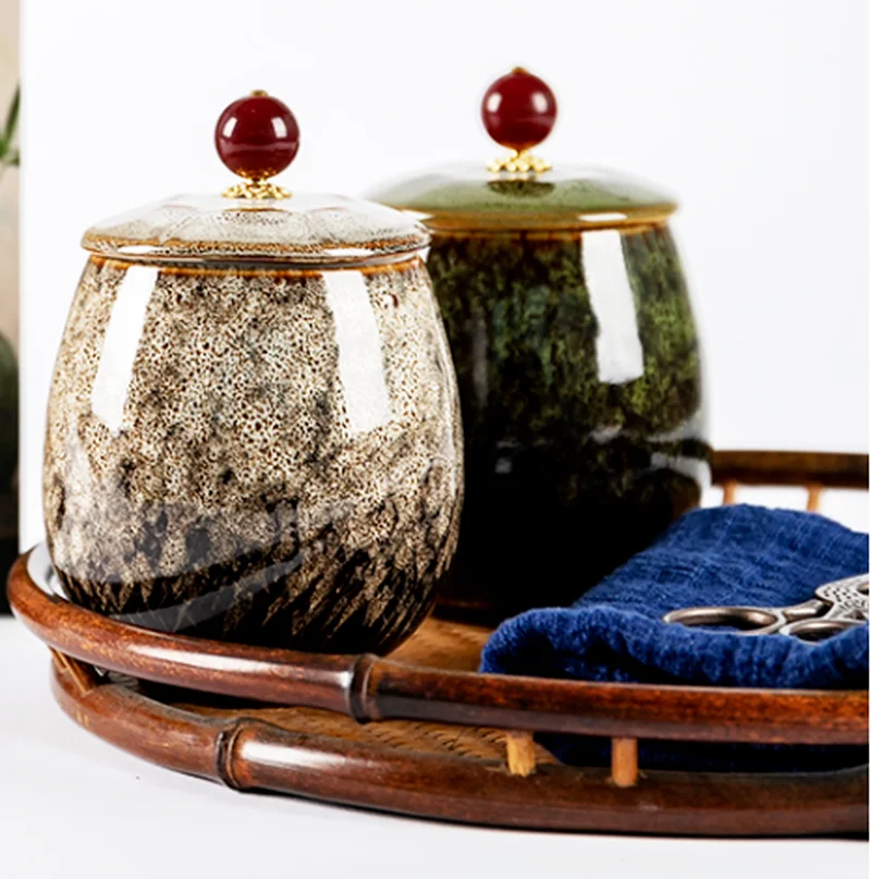 Tea Tin Box Tea Canister Ceramic Storage Jar Airtight Container Kiln Change Ceramics Storage Sealed Jar with Cover Tea Caddy Home Tea Box Food Organize Box Candy Jar Decoration Storage Tank