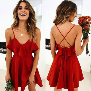 

2020 Summer Europe And America Fashion Sexy V-neck Dress Camisole With Open Back Solid Color Leisure Sweet Ruffle Dress