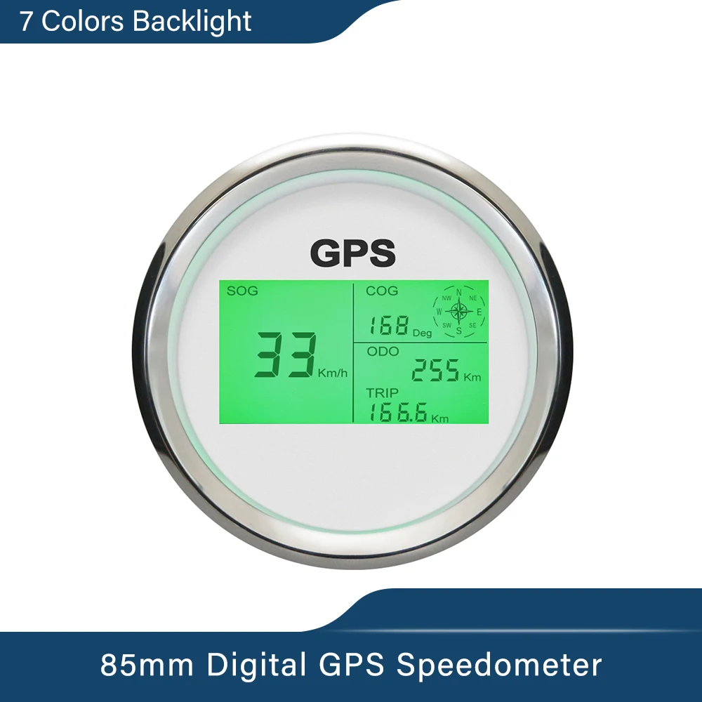 New 7 Backlights 85mm Boat Car GPS Speedometer Digital LCD Speed Gauge Odometer Course with GPS Antenna