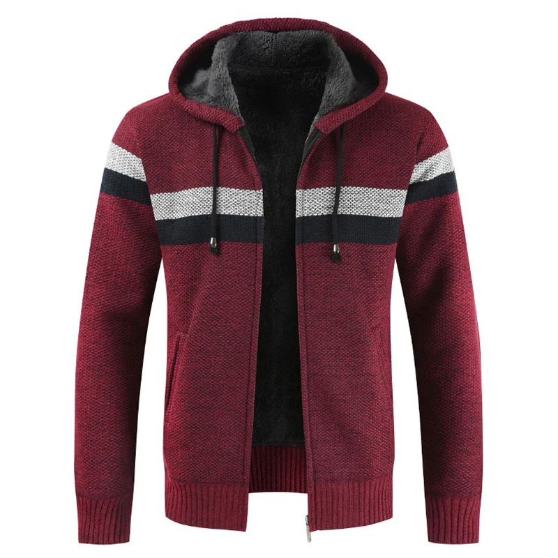 WENYUJH Fashion Sweater Coat Men Thick Warm Hooded Cardigan Men Striped Long Sleeved Zipper Fleece Coats Men 2019 New Winter