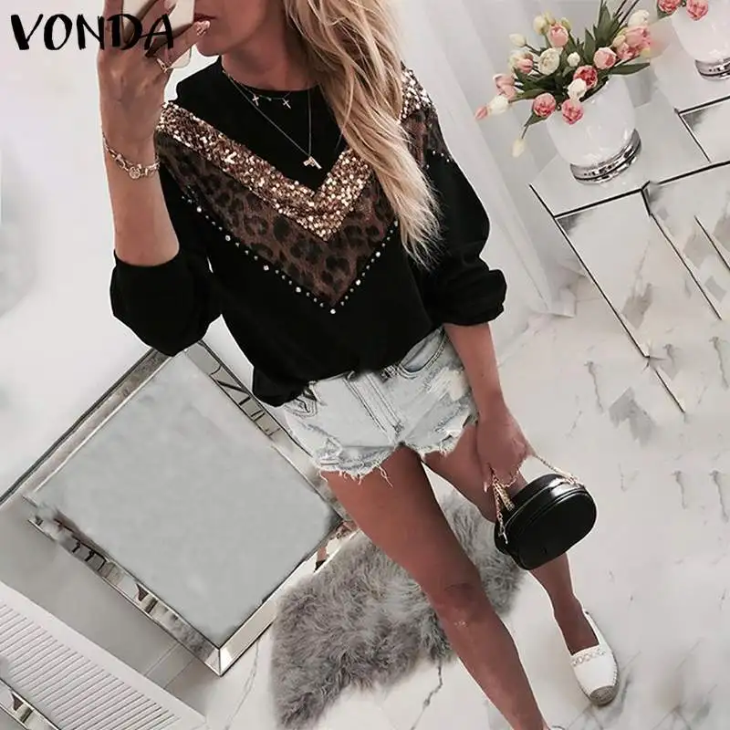 VONDA Vintage Sweaters Plus Size Women Leopard Patchwork Blouses Casual Knitwear Long Sleeve Round Neck Knitted Sweater S-5XL