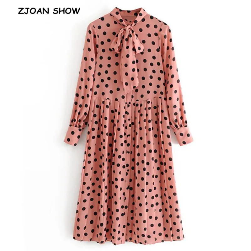 

2019 Women Pink Polka Dot Print Pleated Dress Single-breasted Sweet Tide Bow Collar Long sleeve Front Slit Mid calf Long Dresses