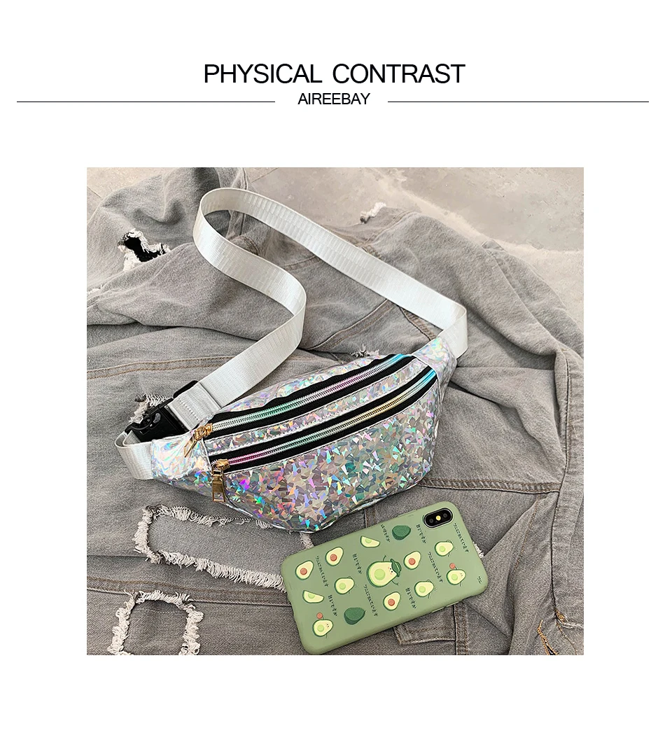 AIREEBAY 3-Zipper Pocket Женская голографическая поясная сумка розовый серебряный с блестками поясная сумка для женщин Лазерная грудь Бум сумки с голограммой