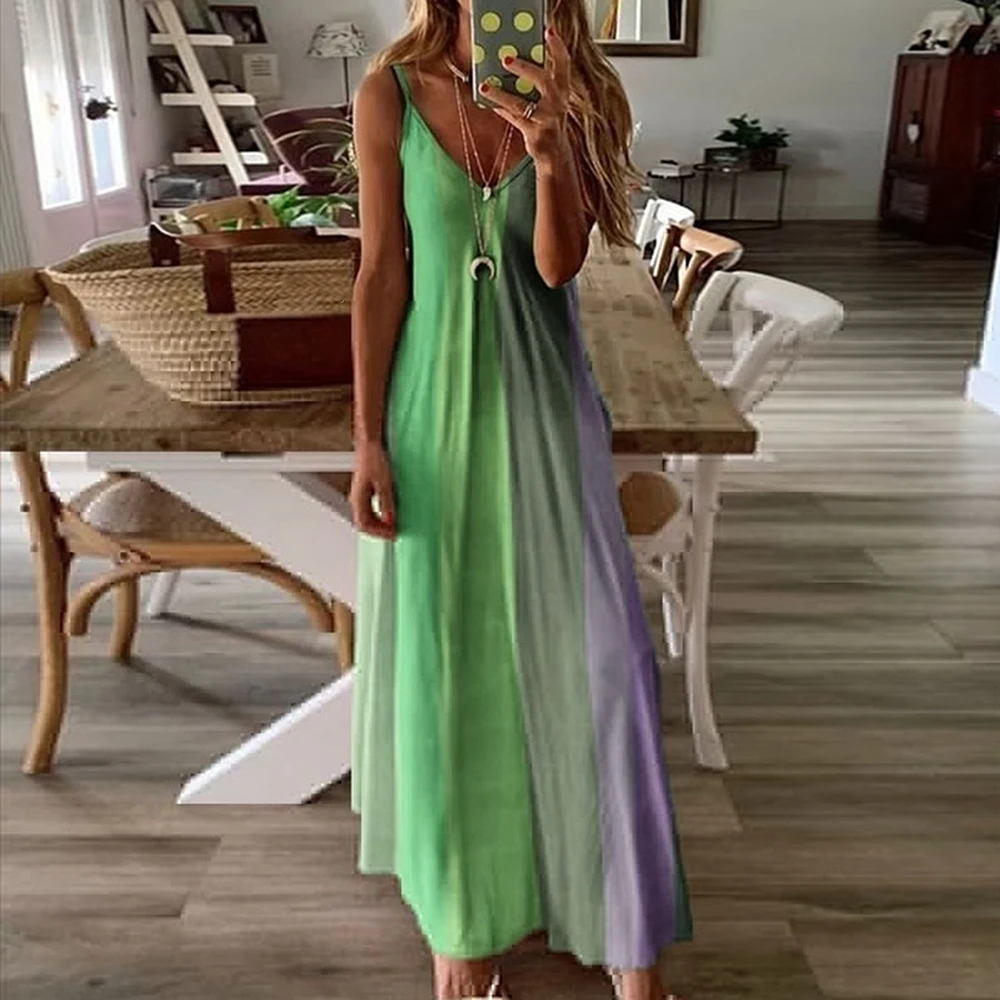 CYSINCOS Women O-Neck Midi Dress Summer Beach Sundress Printed Sleeveless Casual Daliy Boho Long Maxi Dress Vestidos De Verano
