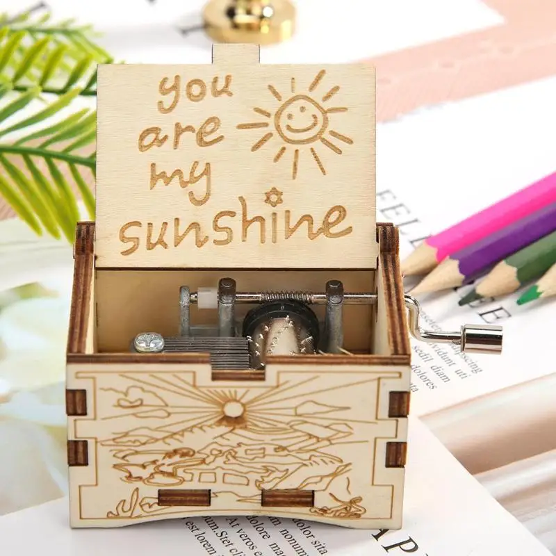 You Are My Sunshine Music Box Creative Engraving Pattern Wooden Hand Cranked Crafts for Birthday Retro Living Room Decoration | Дом и сад