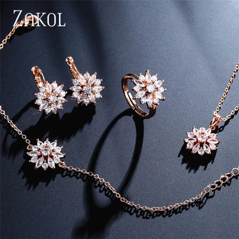 4 pcs set Rose Gold ZAKOL повседневное кольцо с кубическим цирконием, серьги, ожерелье, набор для женщин, свадебный ужин, праздник, подарок на день рождения, ювелирные изделия FSSP3012 - Окраска металла: 4 pcs set Rose Gold