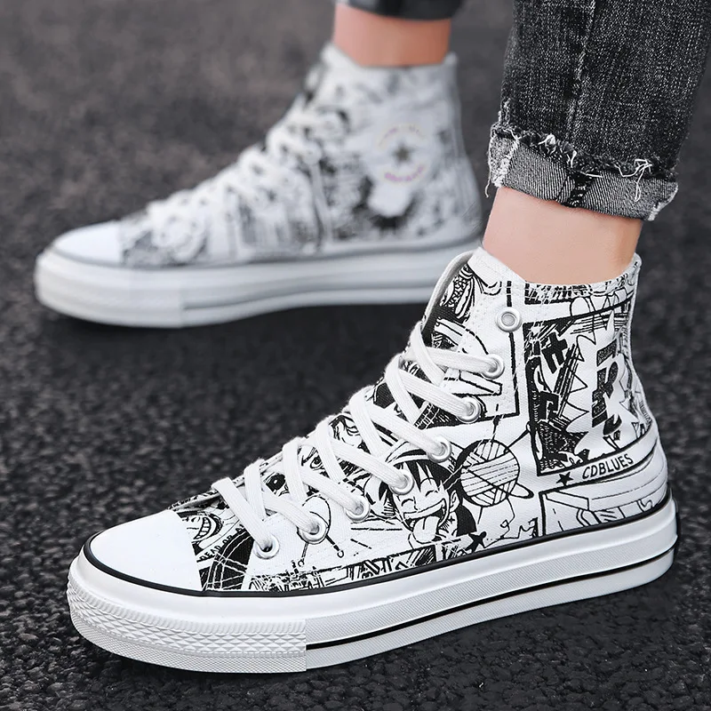 

High Help Vulcanized Shoes Men's 2019 Autumn New Cartoon One Piece Anime Graffiti Student Casual Skateboard Canvas Shoes Hombre