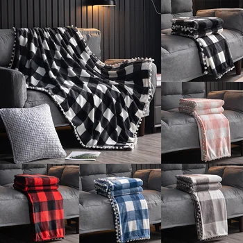 

100% Soft Flannel Blanket Plaid Printed Pattern Nap Blanket Portable Travel Blanket with Pompom for Living Room Bedroom