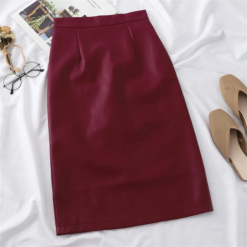 Gowyimmes New Autumn Winter Fashion Sexy Women Split PU Skirt Lady High Waist Skirts Female Midi Long Pencil Skirt Big Size P595