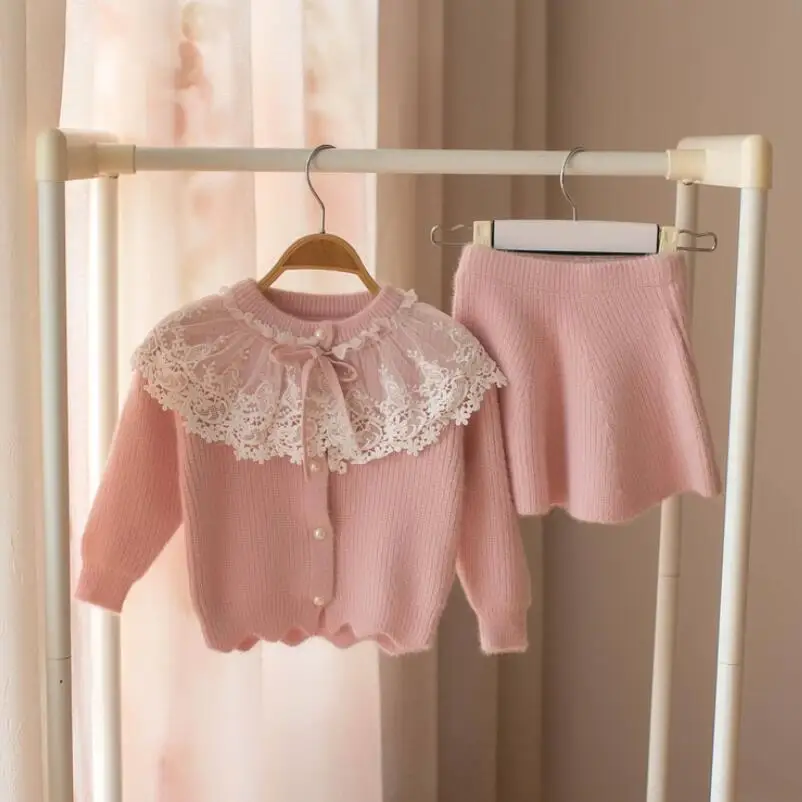 pink girls clothes Детская одежда для малышей комплект одежды для девочек из шерсти с кружевом вязаный свитер с длинными рукавами пальто+ юбка комплект из 2 предметов JW5001 - Цвет: pink girls clothes