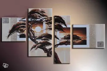 

Modern 100% Hand Painted Abstract Tree Canvas Painting 4 Piece Panel Landscape Wall Art Living Room Wall Decor Home Decoration