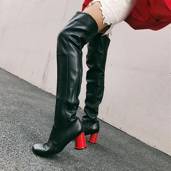 

Elastic Black leather Thigh High Boots Red Round Heel INS Fashion Shoes Women Gladiator over the knee extra long boots