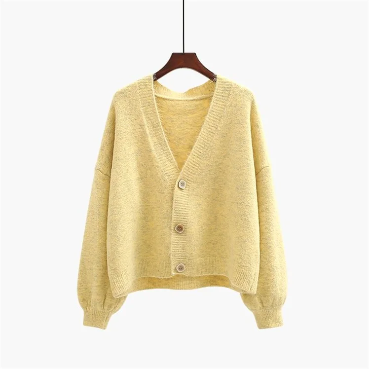 yellow Neploe Knitted Solid Women Sweater Summer New V-Neck Lantern Sleeve Tops Loose Single Breasted Female Sweater 45100 - Цвет: yellow