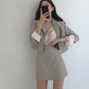 

2020 Autumn Korean Two Piece Set Women Outfit Long Sleeve Short blazer coat + High Waist A-line Mini Skirt Ladies Office OL Set